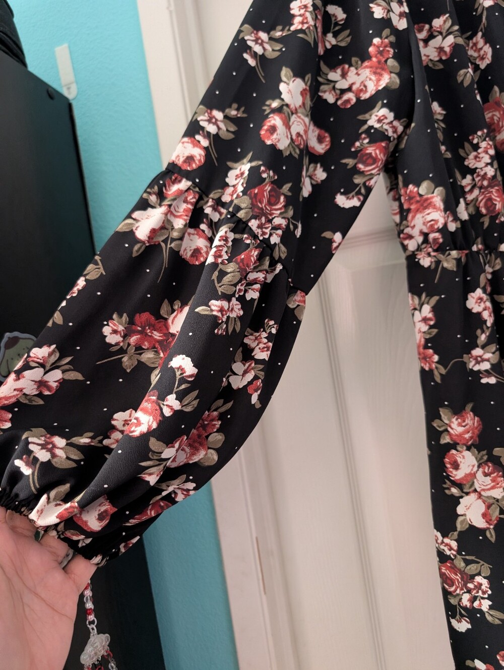 XL Shein Black Floral V-Neck Smock Dress - Picture 2 of 3